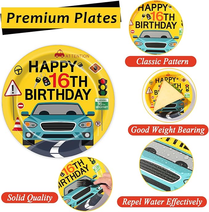 100 Pcs Drivers License 16th Birthday Party Decorations New Driver Car Plates and Napkins Set Disposable Racing 16 Years Old Paper Tableware for Boys Learner Driver Theme Supplies Serves 25