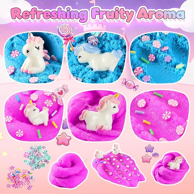 2 Pack 250ml Unicorn Cloud Slime Kit for Girls Boys - Scented Fluffy Cloud Slime with Cute Unicorn Charms - Non-Sticky Sensory Fidget Toys for Stress Relief & ASMR - DIY Slime Gift for Kids