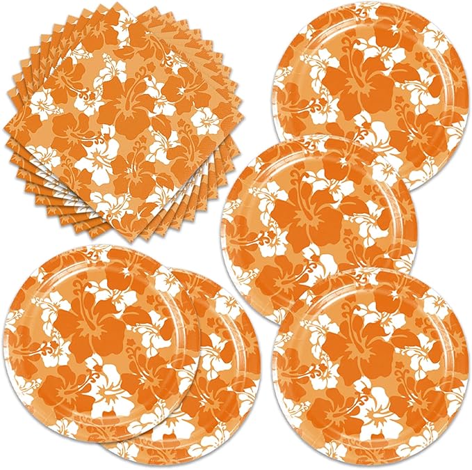 Orange Hawaiian Hibiscus Flowers Party Decorations for Kids Tropical Party Decorations 40PCS Hawaiian Flower Theme Party Plates and Napkins