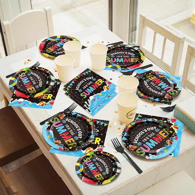 School's Out for The Summer Tableware Set for Kids Class End of School Year Theme Plates Supplies School's Out Plates Napkins Tablecloths Serves 24 Guests Graduation Preschool Party Decorations Favors