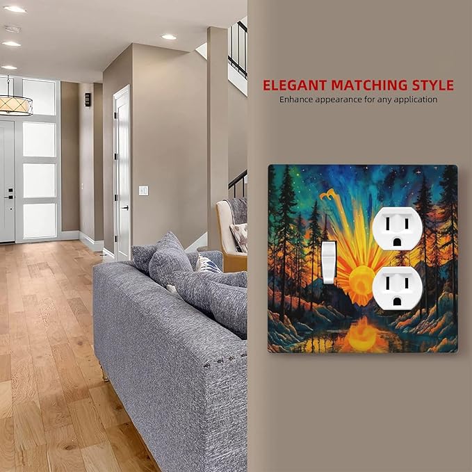 Light Switch Cover Plate Vintage Forest Sun Boho Mountain Starry Sky 2 Gang Decorative Switch Plates 1 Toggle Duplex Combo Outlet Covers GFCI Wall Plates for Bathroom Bedroom Decor