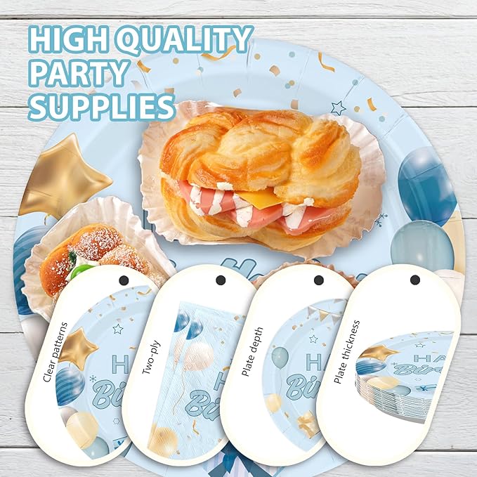 96 Pcs Light Blue Birthday Decorations Happy Birthday Plates and Napkins Disposable Tableware Set Blue Gold Decorations for Baby Boys Girls Women Men Party Supplies Serves 24