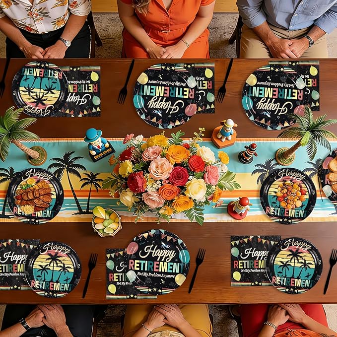 96Pcs Vintage Retirement Party Decorations Colorful Vintage Happy Retirement Plates and Napkins Tableware Sets Retired Themed Decorations for Men Women Retired Farewell Party Supplies Serves 24