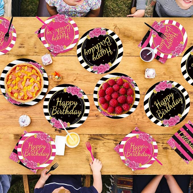 96Pcs Black and Pink Birthday Party Supplies Happy Birthday Plates and Napkins Hot Pink Rose Black White Stripe Tableware Set for Girls Women Couple Birthdays Party Supplies Serves 24