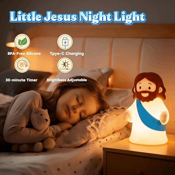 magical JD Little Jesus Night Light, Mini Silicone Jesus Lamp, Dimmable Rechargeable Touch Bedside Lamp for Nursery & Kids, Ideal Religious Gift for Christmas, Easter and Baptism (Blue)