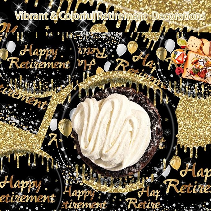 Retirement Party Plates and Napkins Set,Happy Retirement Party Supplies Decorations for Men Women Gold and Black Disposable Tableware Kit, Serves 25
