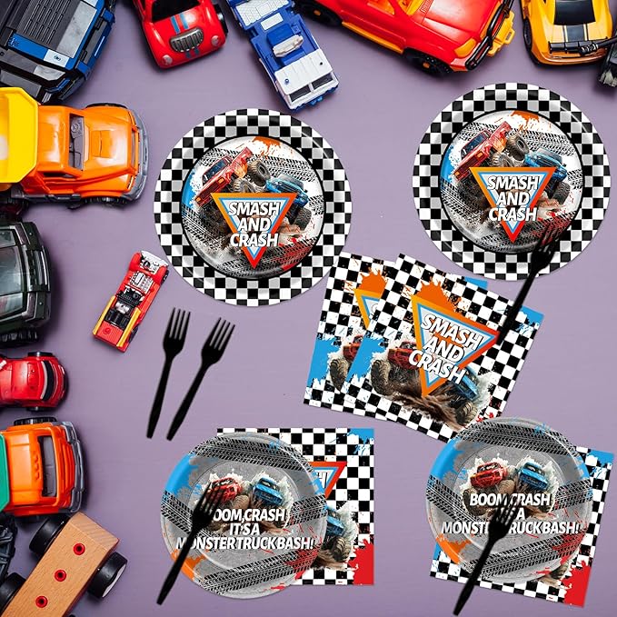 96Pcs Monster Truck Party Plates and Napkins for Monster Truck Birthday Party Supplies Paper Dessert Plates Tableware Set for Kids Boys 24 Guests Birthday Decorations