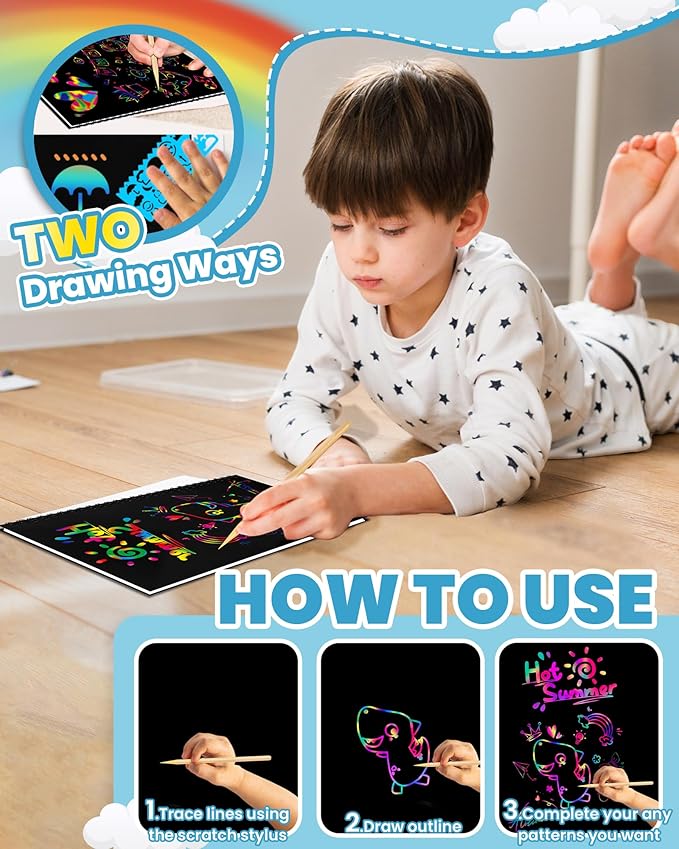 Smasiagon Scratch Paper Art-Crafts Kits for Kids, 2 Pack Scratch Off Notebooks Magic DIY Art Supplies Toys for 3-12 Years Old Girls Boys, Gifts for Birthday Halloween Christmas Party Favors Games