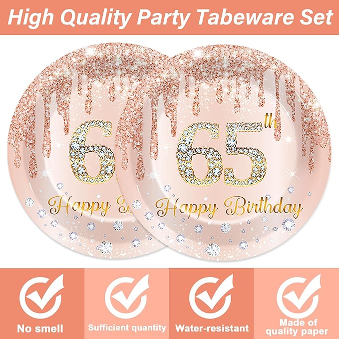 50Pcs Rose Gold 65th Birthday Party Paper Plates and Napkins Women Rose Gold 65 Years Old Table Decorations Happy Sixty-five Years Old Tableware Set Serves 25 Guest Pink 65th Birthday Party Supplies