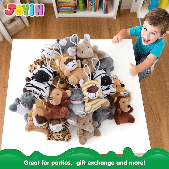 JOYIN 24 Pcs Mini Safari Animal Plush Toys (24 Units 3" Each), Animals Keychain Decoration for Kids, Small Stuffed Animal Bulk for Kids, Carnival Prizes, School Gifts, Party Favor Goodie Bags