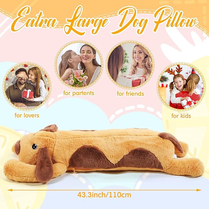 Queekay Dog Body Pillow Stuffed Animals Plush Long Body Pillow for Dogs Large Sleeping Hugging Puppy Cushion Gift for Birthday Party(43.3 Inch,Brown)