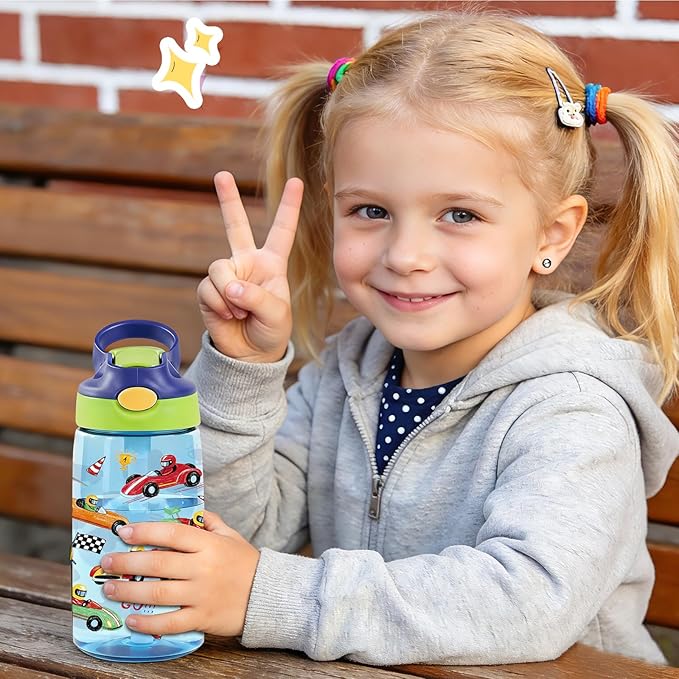 14oz Racing Car Kids Water Bottle with Straw Lid - Cool Water Bottles for Kids, Leakproof, Lightweight, Durable Plastic Bottles for School, Pop-Up Straw Cover, Gift Cup for Girls Boys (Racing Car)