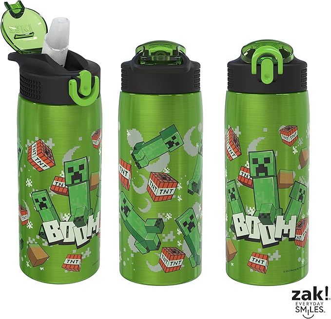 Zak Designs Minecraft Water Bottle for Travel and At Home, 19 oz Vacuum Insulated Stainless Steel with Locking Spout Cover, Built-In Carrying Loop, Leak-Proof Design (Creeper)