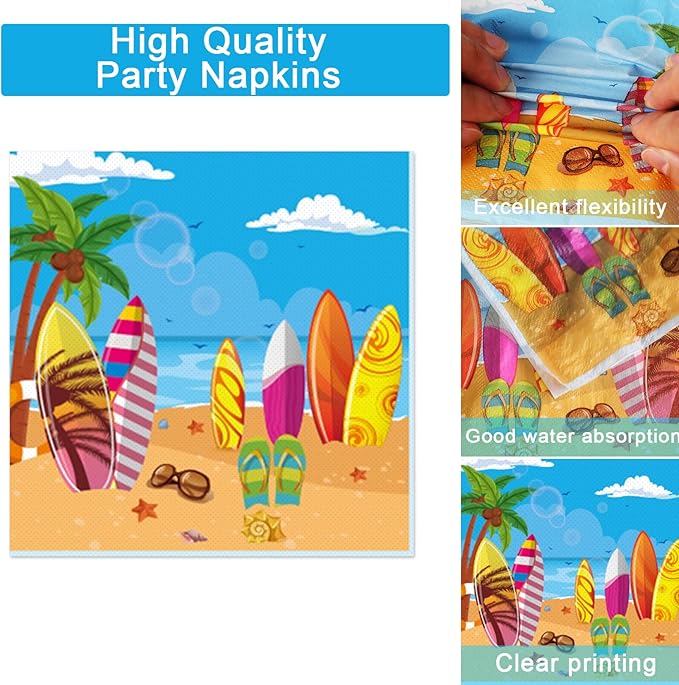 100 Pcs Summer Beach Surfing Party Paper Plates Napkins Supplies for Pool Surfs up Surfboard Theme Birthday Party Decorations Luau Bbq Picnic favors Disposable Dinnerware Plate Serves 25