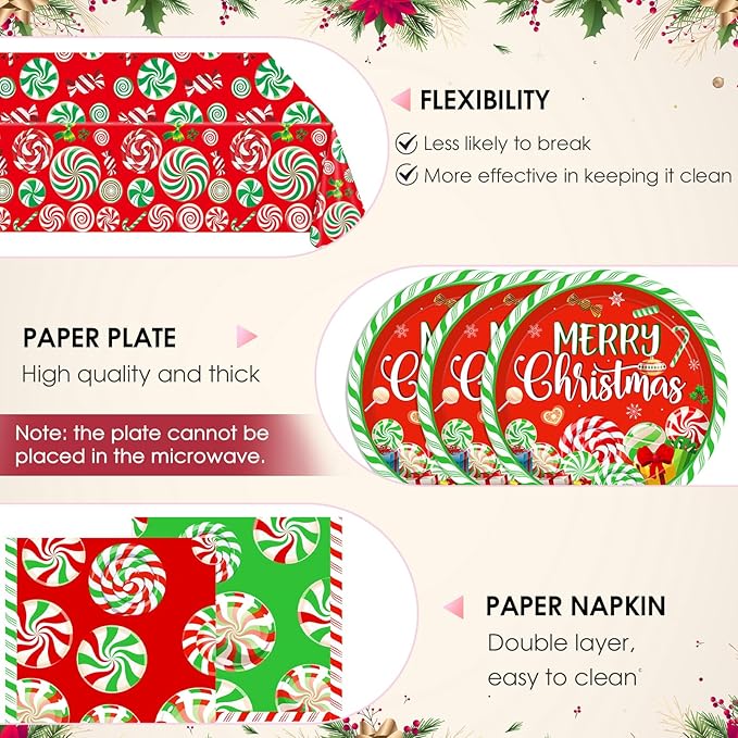 41 Pcs Peppermint Party Tableware Set Include Christmas Candy Cane Paper Plates Napkins and Plastic Tablecloth Red Green Christmas Candy Winter Party Decor for Holiday Xmas