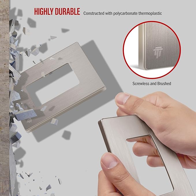 ENERLITES Elite Series Screwless Decorator Wall Plate Child Safe Outlet Cover, Gloss Finish, Size 1-Gang 4.68" H x 2.93" L, Unbreakable Polycarbonate Thermoplastic, SI8831-BNK, Brushed Nickel