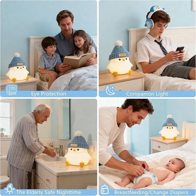 FAMIDUO Penguin Night Light with Knit Hat, Cute Silicone Nursery Lamp - Dimmable Squishy Animal Light - Heartwarming Gift for New Mom, Kids Birthday & Baby Shower - Kids Room Decor