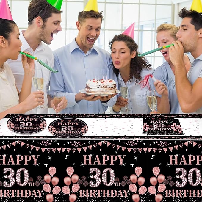 41pcs 30th Birthday Decorations for Her, 30th Birthday Decorations for Women, Rose Gold 30th Birthday Supplies for 20 Guest Happy 30th Birthday Party Tableware Includes Plates Napkins and Tablecloth