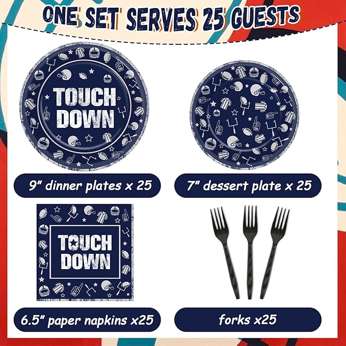 100 PCS Football Party Plates and Napkins Supplies Kit Cowboy Navy Blue Football Rugby Tableware Kit Disposable Paper Dinner Dessert Plates Decors Favors for Sports Game Celebration Serve 25
