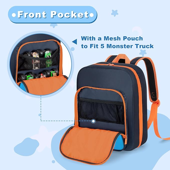CURMIO Toy Cars Storage Backpack Compatible with Monster Jam Trucks/Hot Wheels 1:64 Scale Monster Trucks, Portable Carrying Case Bag with Front Pocket for Monster Truck, Dark Blue (Bag Only)