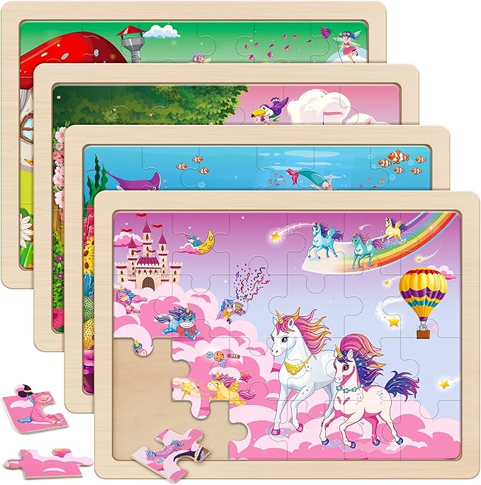 SYNARRY Large Unicorn Mermaid Princess Fairy Wooden Kids Puzzles 4 in 1 Gift Box(12.2 * 9.4 in), Wood Puzzles for Kids Ages 4-6, Wood Puzzles for Kids Ages 3-5, Easter Basket Stuffers Gifts for Kids