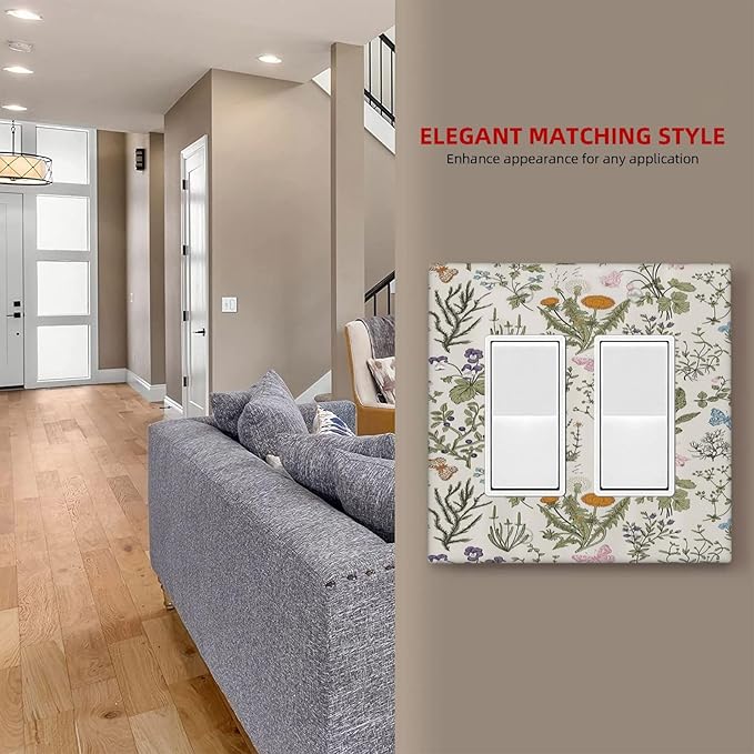 Outlet Covers Boho Floral Vintage Flowers Plants 1 Gang Duplex Light Switch Cover Plate Decorative Wall Plates Electrical Switchplate Receptacle for Bathroom Bedroom Decor（2 Pack）