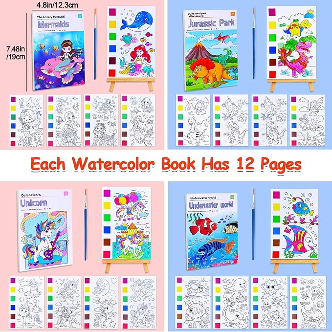 JUNQIU 4Pack Paint with Water Books for Kids, Watercolor Painting Coloring Books for Toddlers, Magic Paint Set, Arts and Crafts for Girls Gifts, Stocking Stuffers For Kids