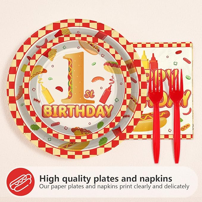 96Pcs Hot Dog Party Supplies 1st Birthday Plates and Napkins Fast Food Sausage Hotdogs Disposable Tableware Sets for Kids Boys One Year Old Birthday Baby Shower Party Decorations Serves 24