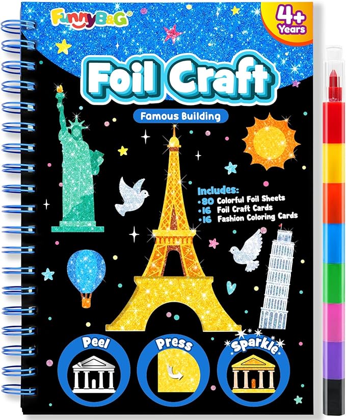 FUNNYB&G Foil Art Crafts for Kids Ages 4-8: Mother's Day 2026, Birthday Gift for Kids, Art and Crafts Supplies, Party Favors, Creative Toys for Kids 4 5 6 7 8 9 Years Old(Buildings)