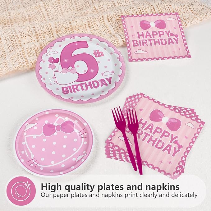 96 Pcs Pink Kitten 6th Birthday Decorations Pink Cat Plates and Napkins Disposable Tableware Set Cute Cartoon 6th Birthday Decoration for 6 Years Old Girl Cat Theme Birthdays Party Supplies Serves 24