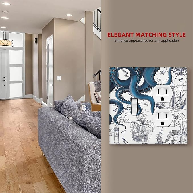 Nautical Vintage Map Octopus Mermaid Lighthouse Boat Wallplates 1 Toggle 1 Duplex Switch Plate Electrical GFCI Faceplate Decorative Light Switch Covers for Bathroom Kids Room Decor