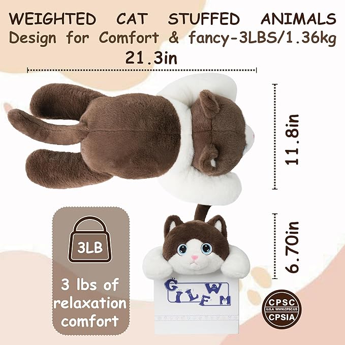 GILFWM Weighted Stuffed Animals Cat - 21.3" Cute Toy Pillow Plushie Gifts for Kids Boys Girls & Adults, 3 lbs Soft Washable Plush Pillowfort