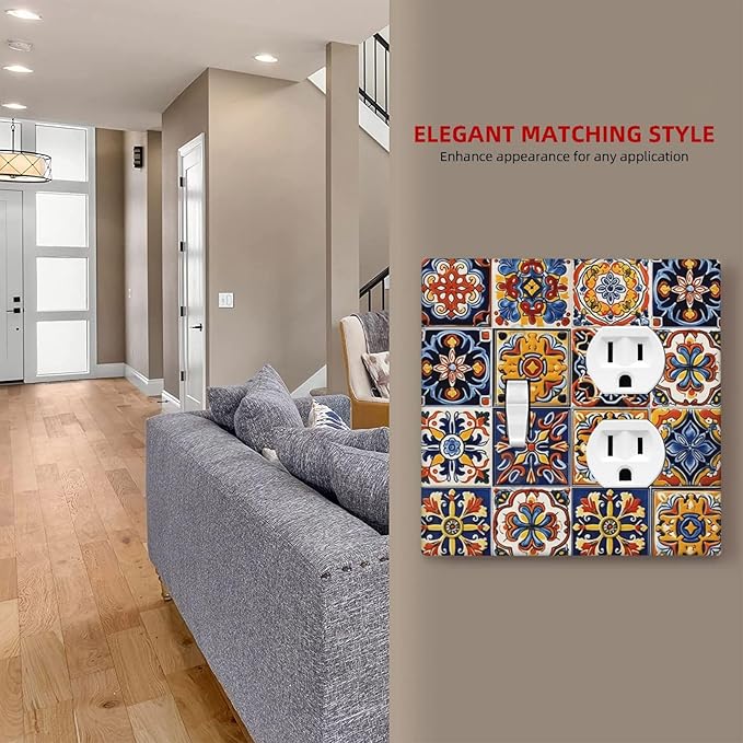 Mexican Talavera Tiles Flower Vintage Wallplates 1 Toggle 1 Duplex Switch Plate Electrical GFCI Faceplate Decorative Light Switch Covers for Kitchen Bathroom Decor
