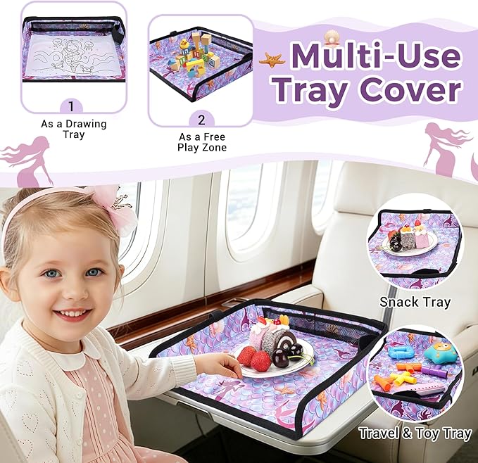 COOLBEBE Airplane Tray Table Cover Foldable Travel Tray Cover for Toddlers 1-3 Universal Fit for Airplane, Car Seat, High Chair Machine Washable, Mermaid
