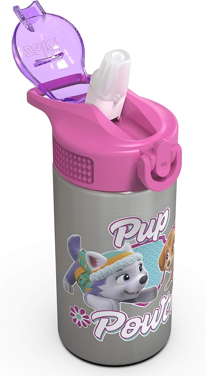 Zak Designs Paw Patrol Skye - Stainless Steel Water Bottle with One Hand Operation Action Lid and Built-in Carrying Loop, Straw Spout is Perfect for Kids (15.5 oz)
