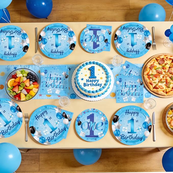 96Pcs Blue 1st Birthday Party Decorations Mr Onederful Plates and Napkins Baby Boy Happy Birthday Tableware Set Supplies for One Year Old Baby Shower Holiday Party Favors Serves 24