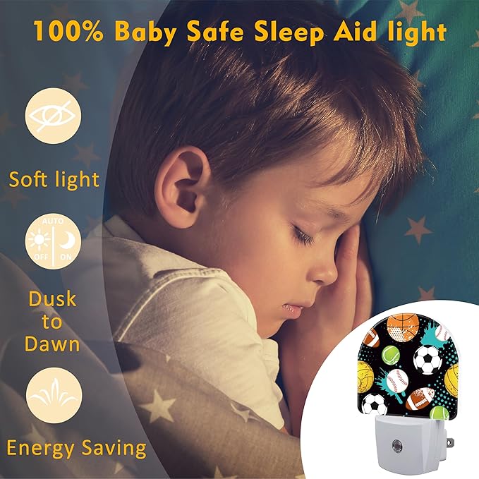 Cartoon Sports Balls Night Light for Kids,Various Balls Plug in Night Light with Dusk to Dawn Sensor, 0.5w Energy Saving Nightlight for Hallway Stairway Kitchen Bedroom