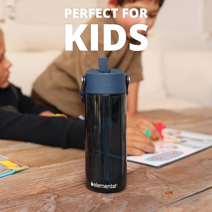 Elemental Water Bottles for Kids - Splash Kids Water Bottle for School with Pop-it Handle - BPA Free Tritan Plastic Water Bottle with Straw Leak Proof when Spout is Closed - Navy Blue - 18oz