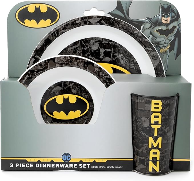 DC Comics Batman Kids 3 Piece Dinnerware Set | Boys & Girls Yellow Superhero Tableware PP Dinner Plate, Bowl And Tumbler Cup