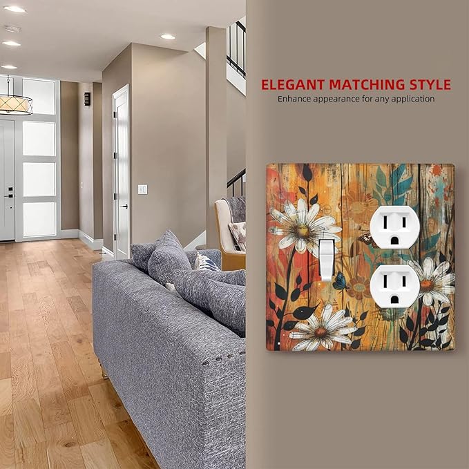 Light Switch Cover Plate Vintage Wooden Daisies Butterflies Floral 2 Gang Decorative Switch Plates 1 Toggle Duplex Combo Outlet Covers GFCI Wall Plates for Bathroom Farmhouse Decor