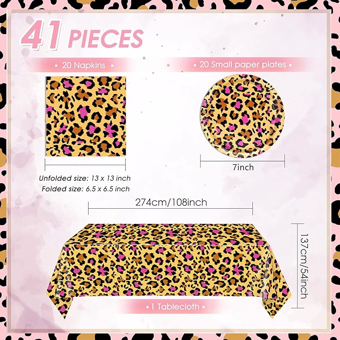 41PCS Pink Leopard Print Birthday Party Decorations Cheetah Party Decorations Tableware Dessert Plates Napkins,Cheetah Print Table Cloth for Safari Animal Leopard Theme Birthday Party Supplies