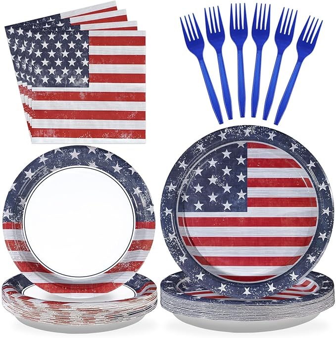 Grencian American Flag Patriotic Party Supplies Veterans Day Patriotic Paper Plates and Napkins USA Flag Themed Disposable Tableware for Veterans Day 4th of July Party Decorations Serve 24