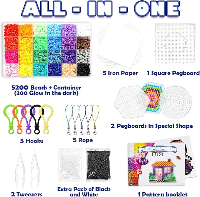 FUNZBO 5200 5mm Fuse Beads Kit - 24 Colors | 66 Patterns, School Crafts Toys for Girls Ages 8-12, Arts and Crafts for Kids Ages 6-8, Birthday Gifts for Girls Boys Age 5 6 7 8 9 10 11 12 Year Old