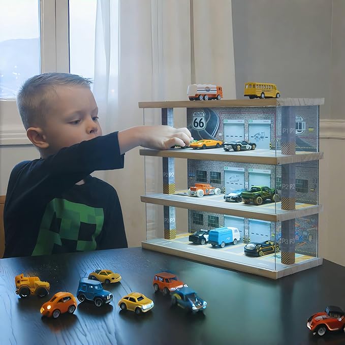 Saichotoy Storage for Hot Wheels: Toy Car Parking Garage Diorama with Lights - Freestanding Display Case for 1/64 Scale Diecast Cars with 4 Levels 24 Spots Maximum 40 Cars
