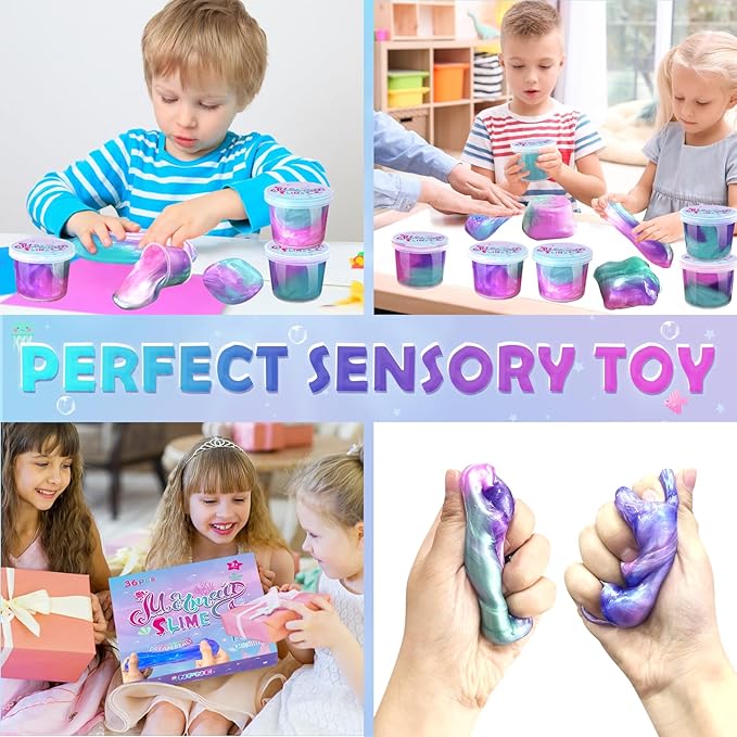 24 Pack Mermaid Slime Party Favors for Kids Slime Cup Bulk DIY Stress Relief Putty Toy Christmas Easter Birthday Goodie Bag Stuffer Classroom Reward for Girls Boys Stretchy Non-Sticky