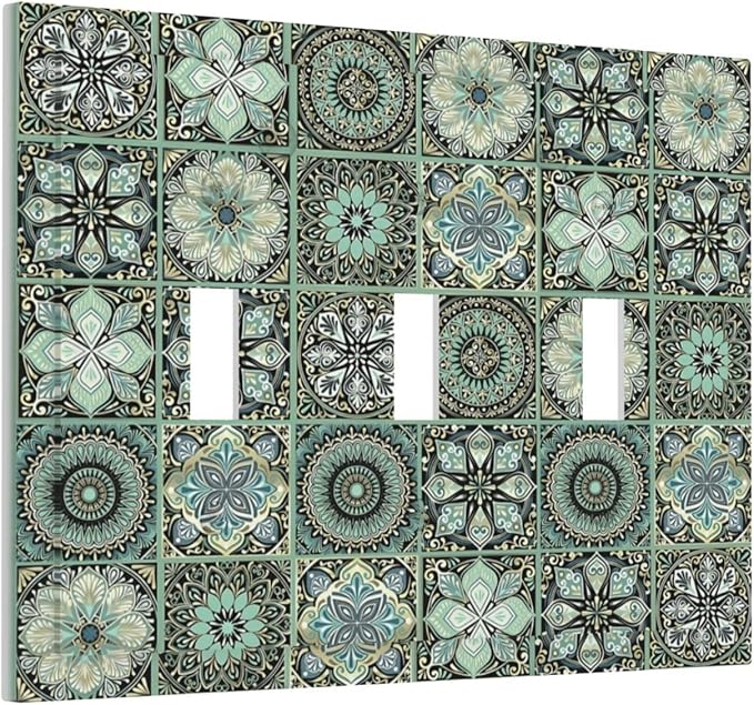 Moroccan Mandala Tile Floral Talavera Tiles Decorative Switch Plates 3 Gang Wall Plate Triple Toggle Light Switch Cover Faceplate Electrical Wall Panels for Bathroom Kitchen Decor