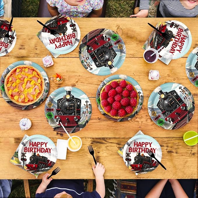 Grencian 96Pcs Train Birthday Party Decorations Vintage Steam Train Paper Plates and Napkins Retro Trains Disposable Tableware Sets for Boys Trains Themed Birthday Party Supplies Serves 24