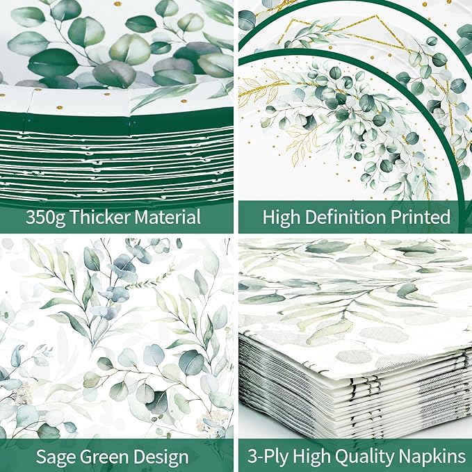 40 Pcs Sage Green Plates and Napkins - Sage Green Party Decorations Tableware Set, Disposable Round Paper Plates Eucalyptus Napkins for Birthday Bridal Wedding Baby Shower Party Supplies, Serves 20