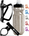 Bike Water Bottle Holder Combo - 20 Oz Squeeze Bottle & Bicycle Mount Cage Rack, No Screws Needed, Durable Alloy - Fits All Handlebar Bikes & MTB Mountain Road - for Adults, Kids (Black)