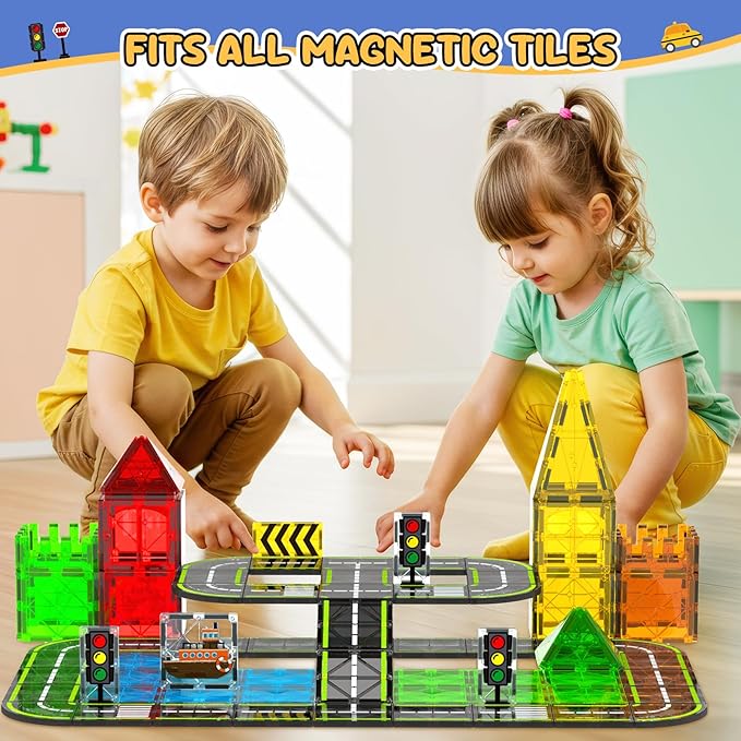 HarworLife Magnetic Tiles Road Set, Magnetic Building Blocks for Kids Ages 3+Year Old, Montessori Educational Magnet Toys for Toddler Kids, STEM Creative Toy for Christmas Birthday Gifts